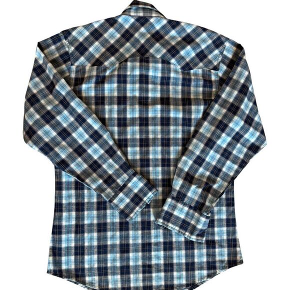 Wrangler Wrancher Vintage 80s 90s Western Pearl Snap Plaid Shirt Blue Men’s M - Picture 3 of 5